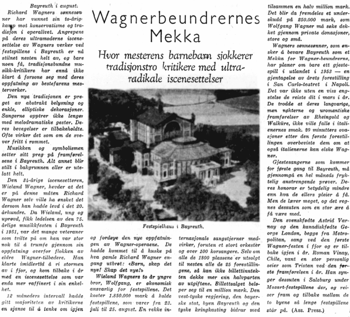 Om gjenåpning av festspillene i Bayreuth (Nationen, lørdag 9. august 1952)