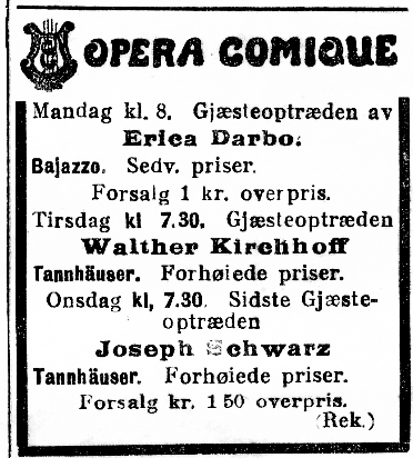 Annonse for Tannhäuser- forestilling på Opera Comique